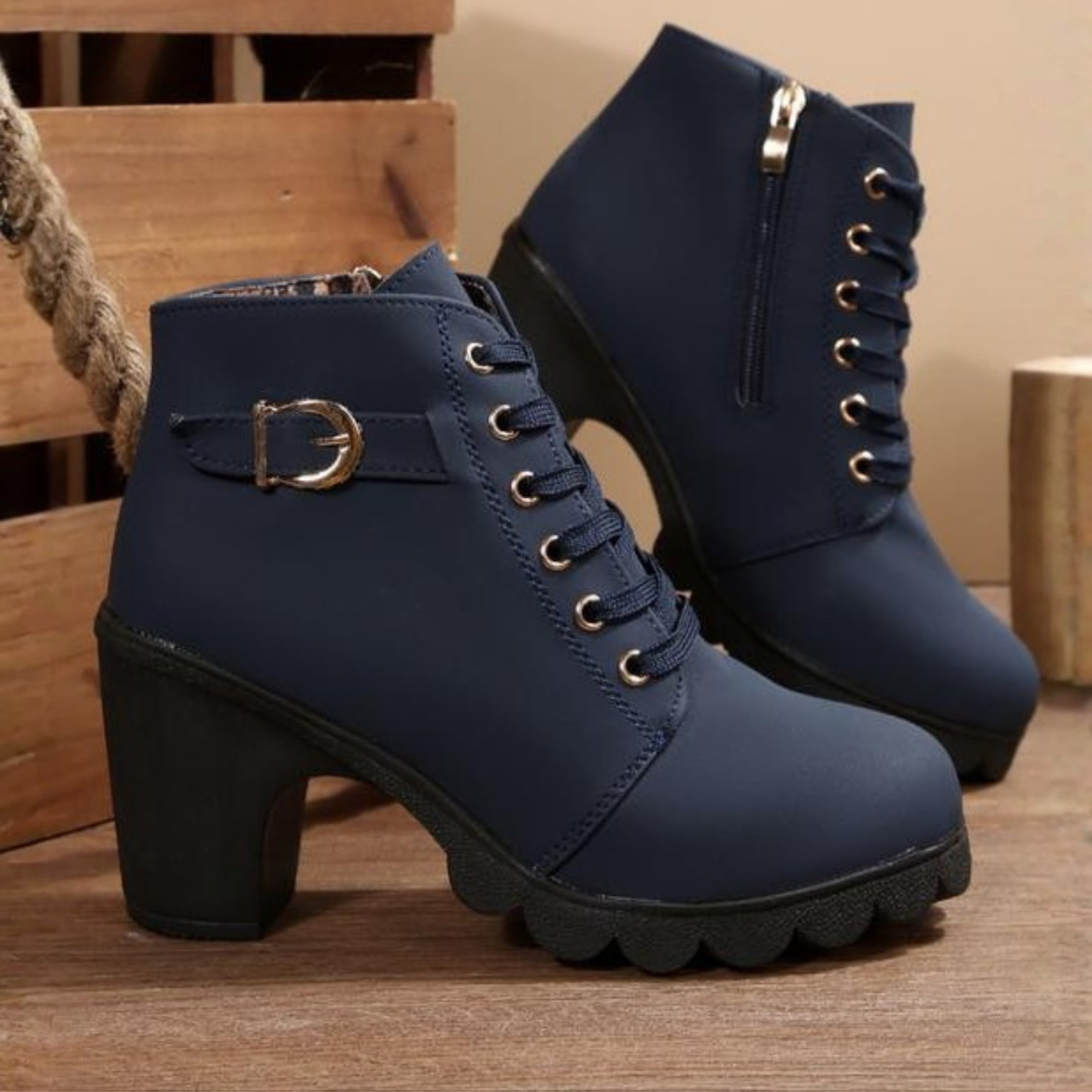 Candela | Botines con Cordones Mujer Tacón Bloque Hebilla