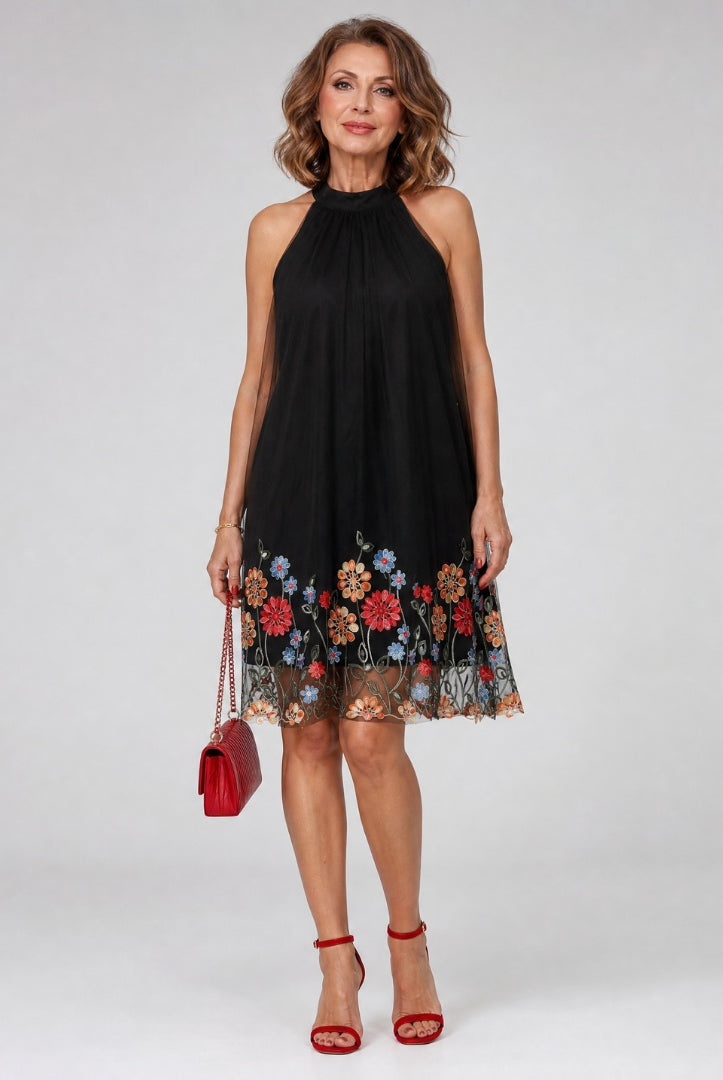 Candela | Vestido Corto Halter Bordado Floral Mujer Sin Mangas