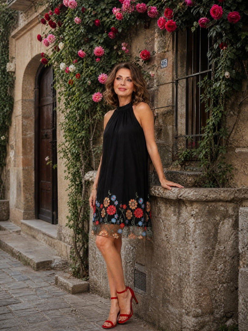 Candela | Vestido Corto Halter Bordado Floral Mujer Sin Mangas
