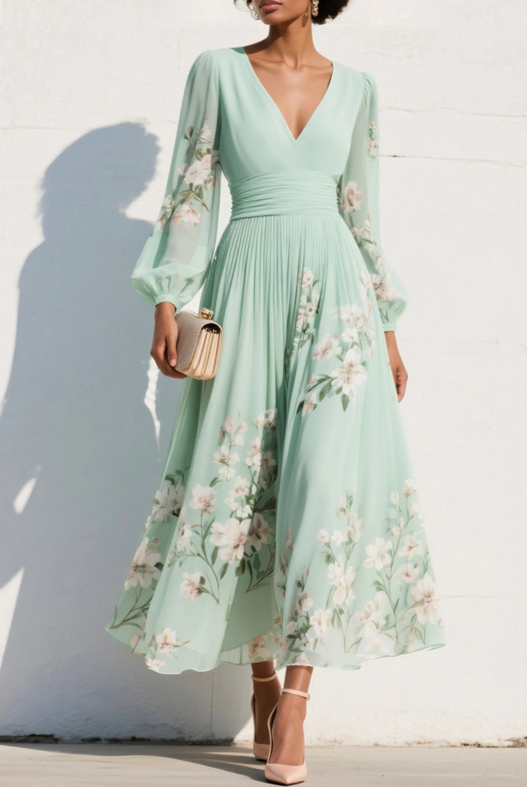 Candela | Vestido de Graduación Floral Mujer Manga Larga Escote V