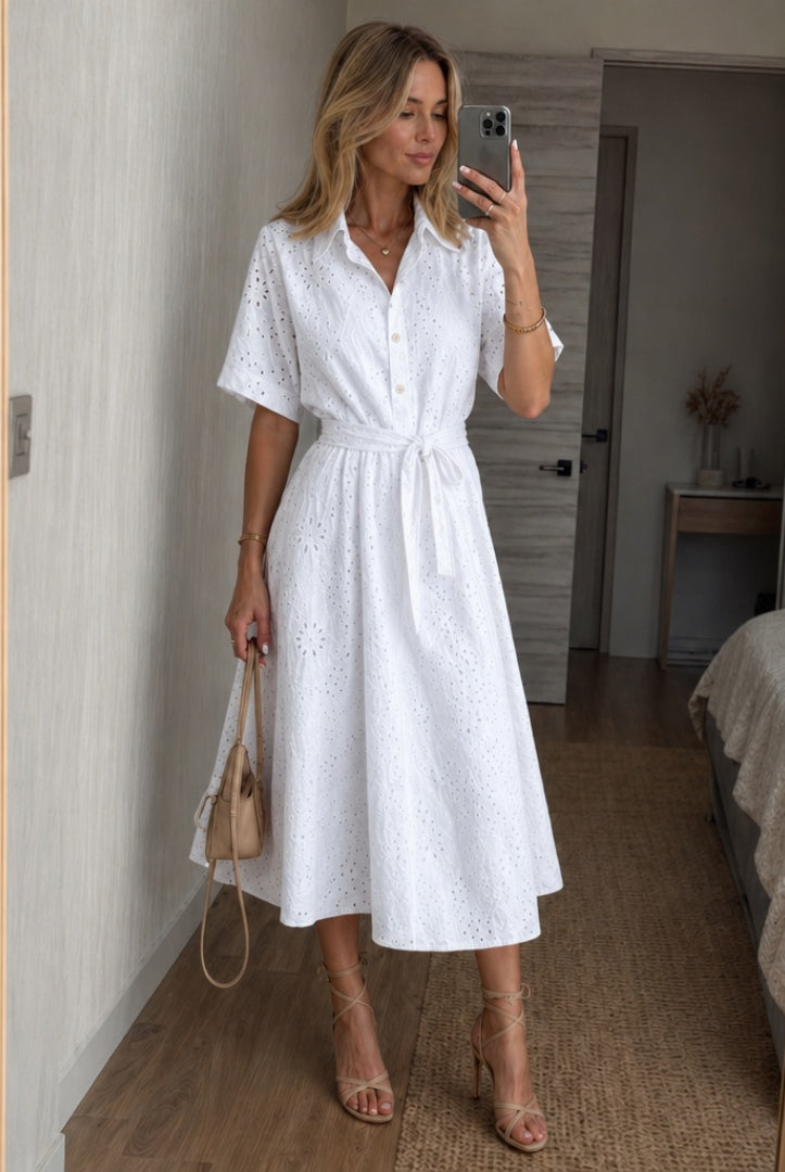 Candela | Vestido Midi Camisero con Bordado Inglés Mujer Cinturón
