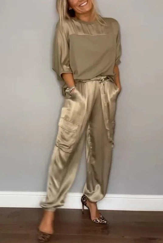 Carla | Conjunto de Dos Piezas Satén Pantalones Cargo Mujer Cintura Ajustable