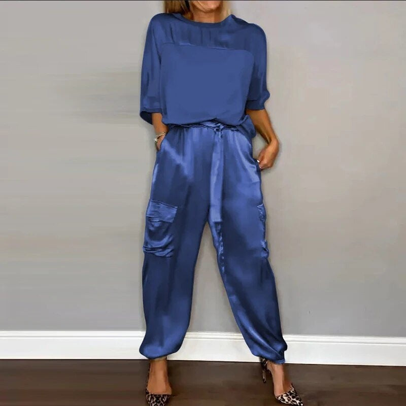 Carla | Conjunto de Dos Piezas Satén Pantalones Cargo Mujer Cintura Ajustable