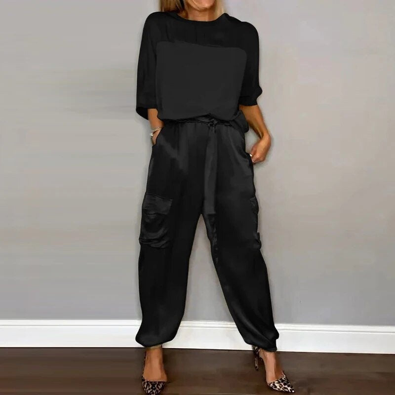 Carla | Conjunto de Dos Piezas Satén Pantalones Cargo Mujer Cintura Ajustable