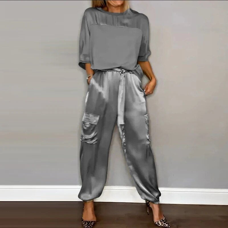 Carla | Conjunto de Dos Piezas Satén Pantalones Cargo Mujer Cintura Ajustable