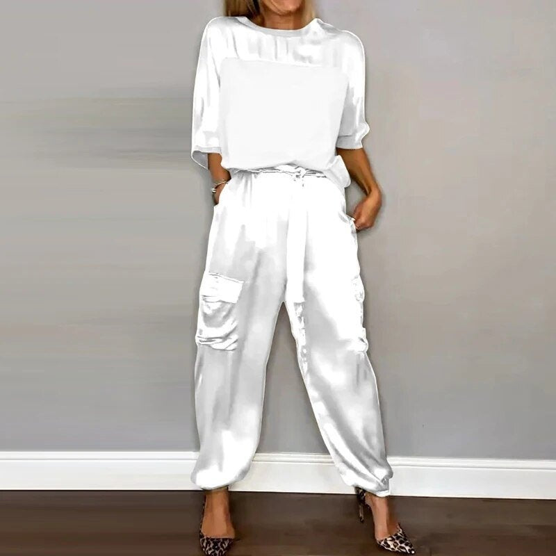 Carla | Conjunto de Dos Piezas Satén Pantalones Cargo Mujer Cintura Ajustable