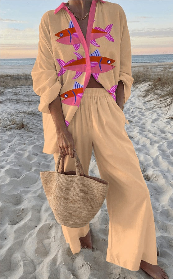 Carla | Conjunto de Lino Estampado Peces Mujer Manga Larga