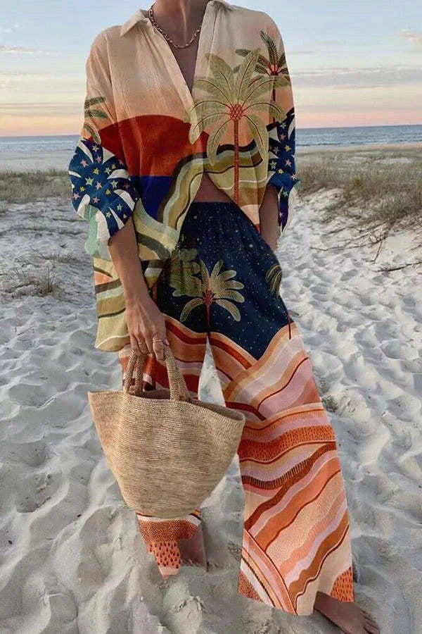 Carla | Conjunto de Lino Estampado Peces Mujer Manga Larga