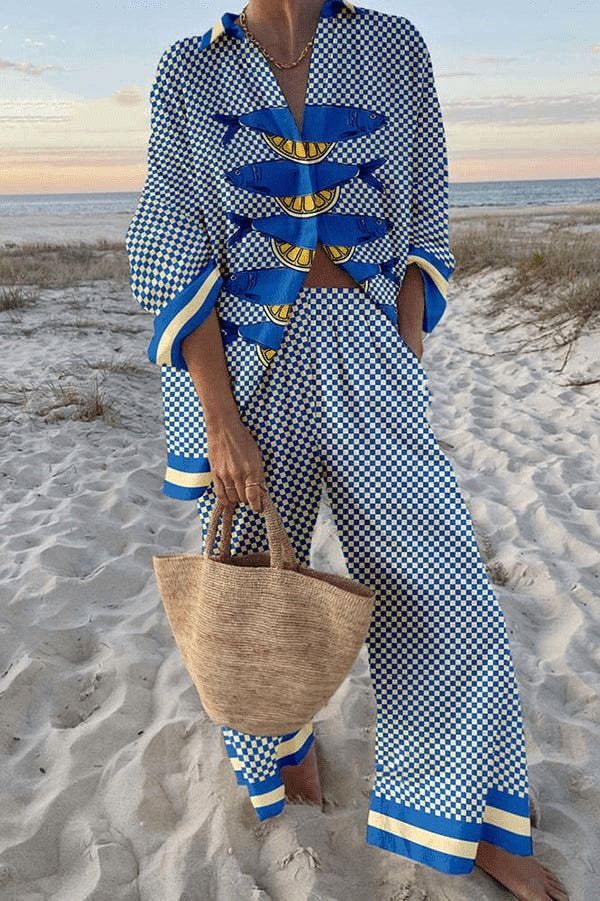 Carla | Conjunto de Lino Estampado Peces Mujer Manga Larga