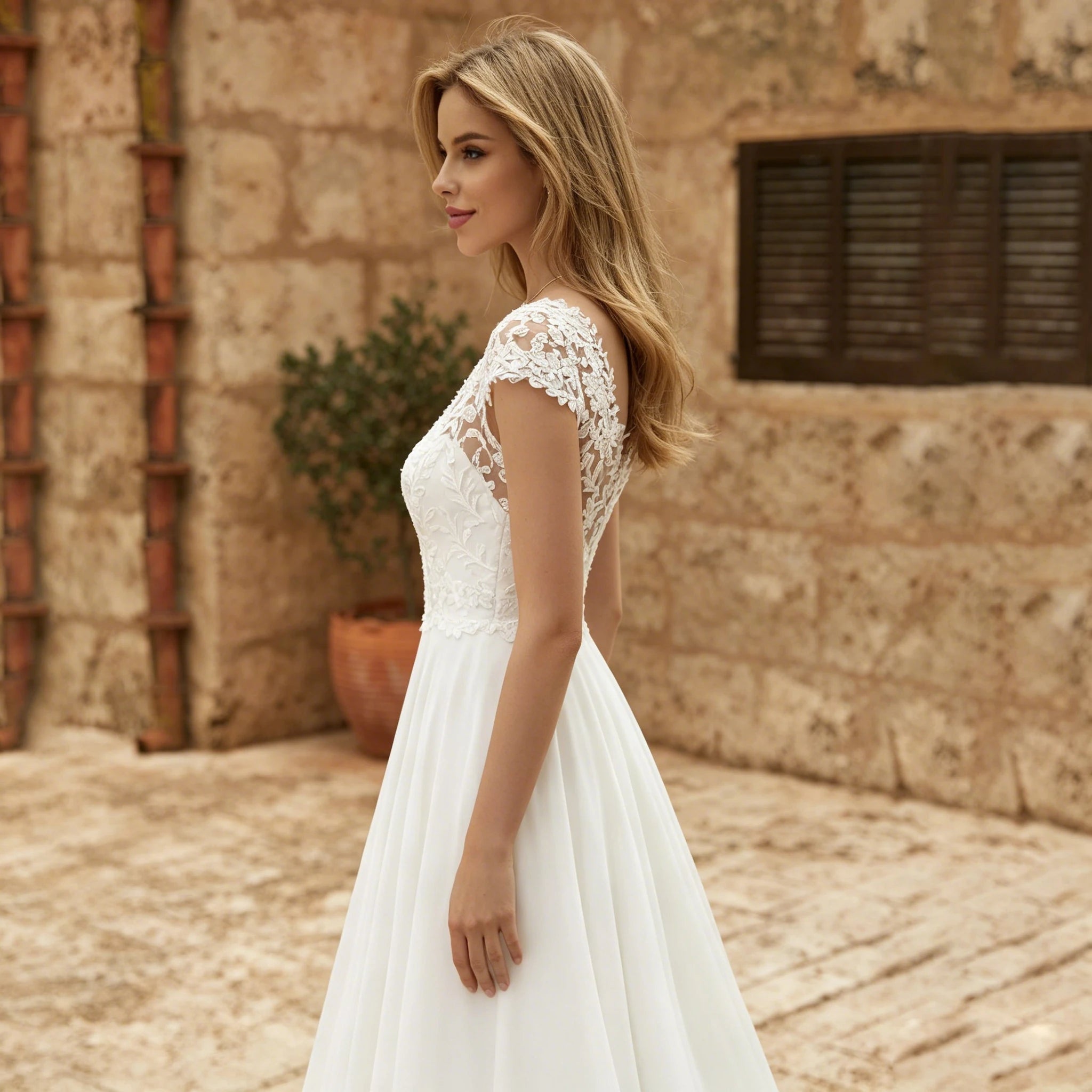 Carmela | Vestido de Novia Sencillo Encaje Mujer Corte A Cola