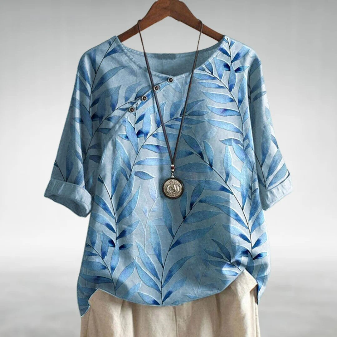 Carmen | Blusa de Lino Estampada Botánica Mujer Manga Corta