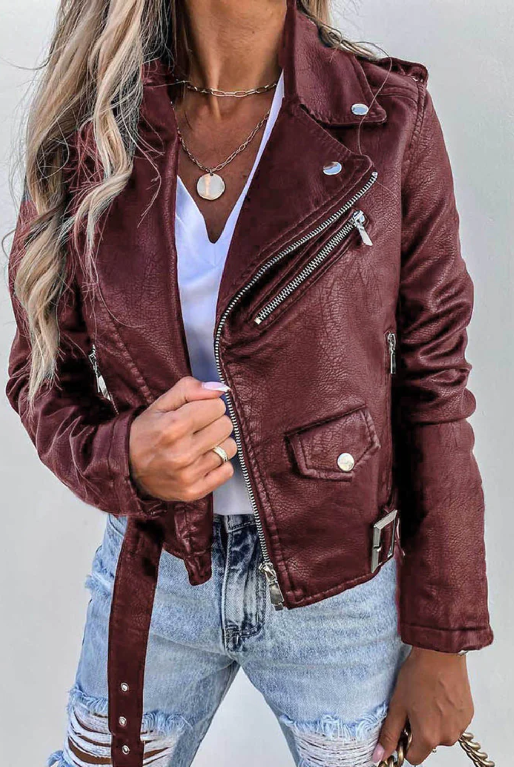 Cayetana | Cazadora Biker de Polipiel Mujer Cinturón Cremallera