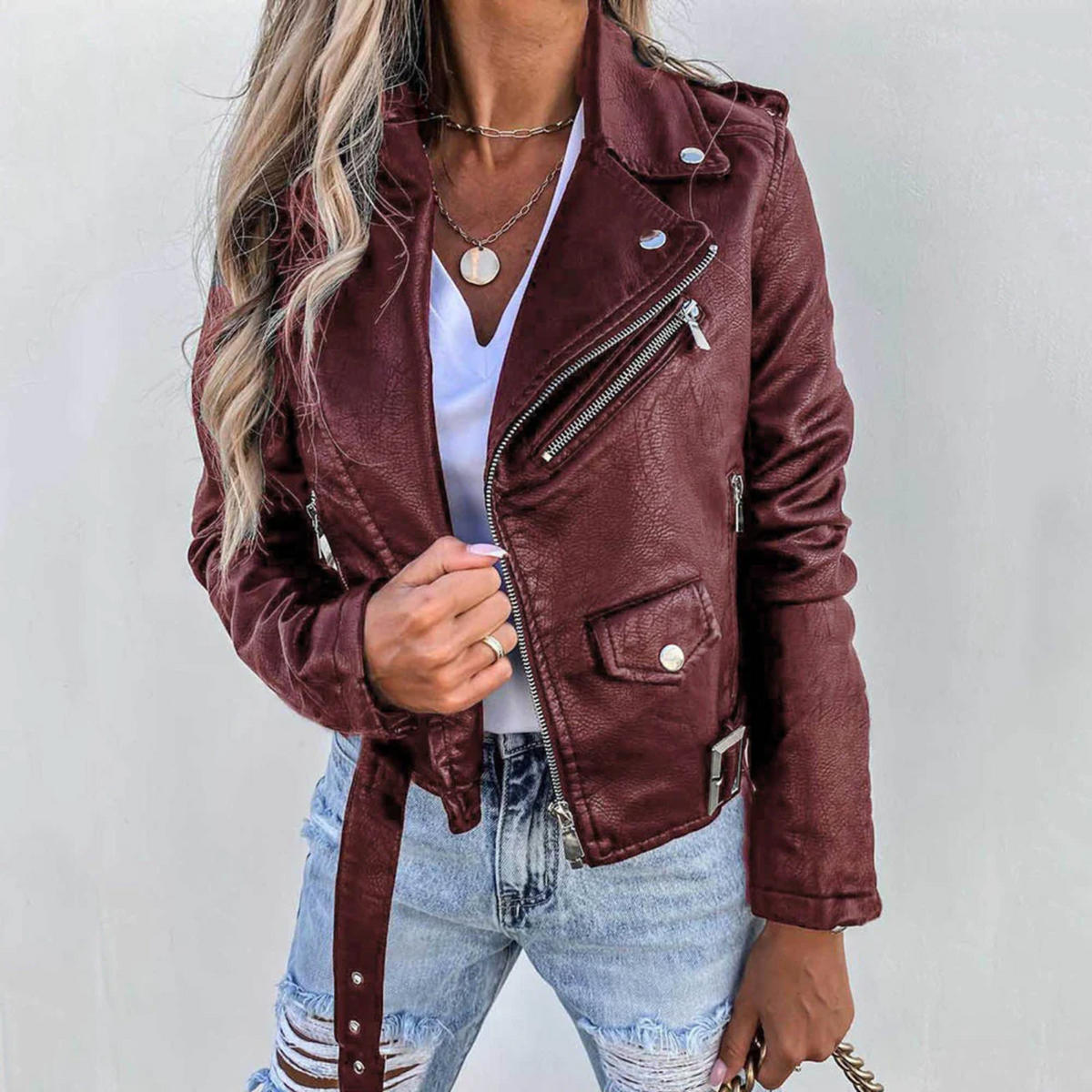Cayetana | Cazadora Biker de Polipiel Mujer Cinturón Cremallera