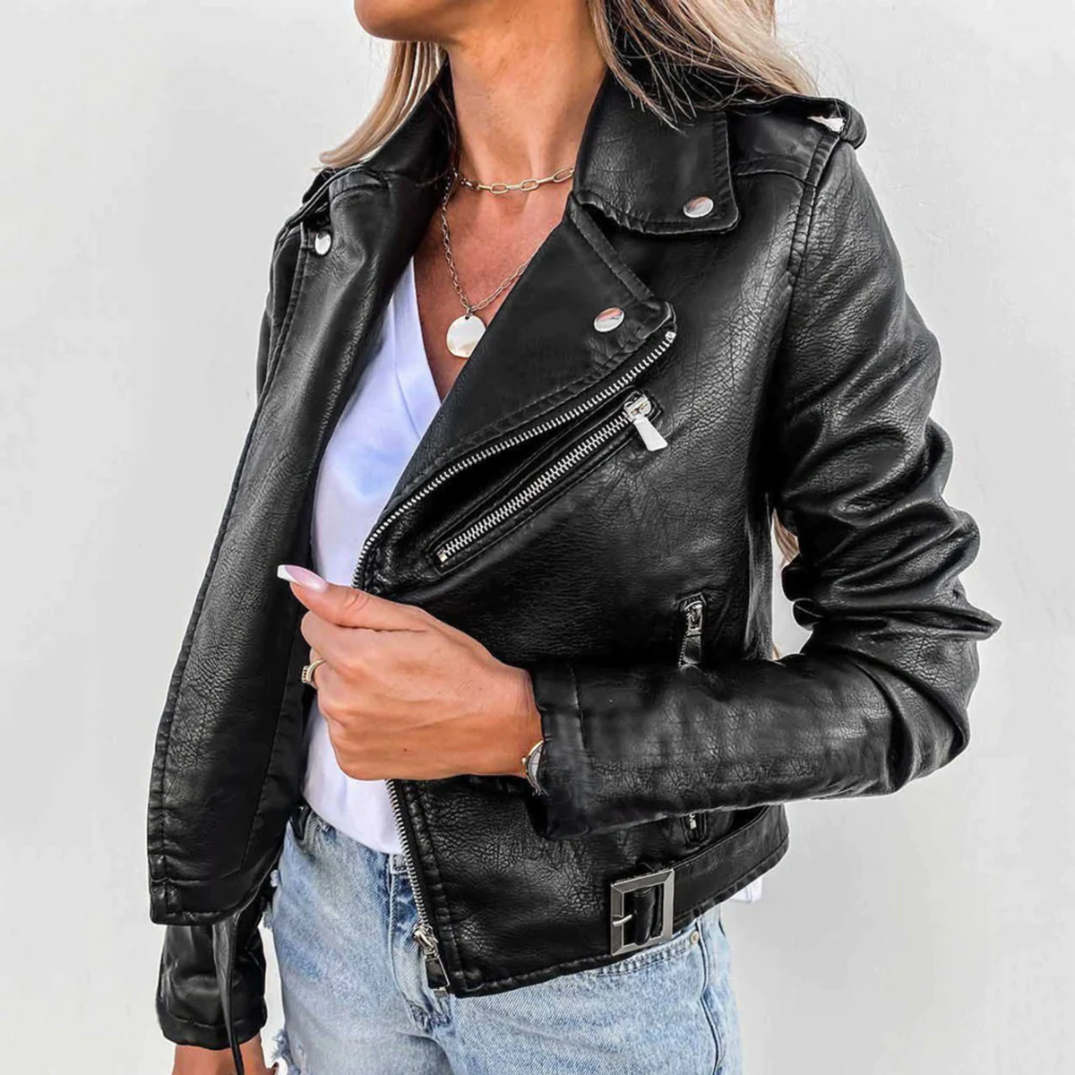 Cayetana | Cazadora Biker de Polipiel Mujer Cinturón Cremallera