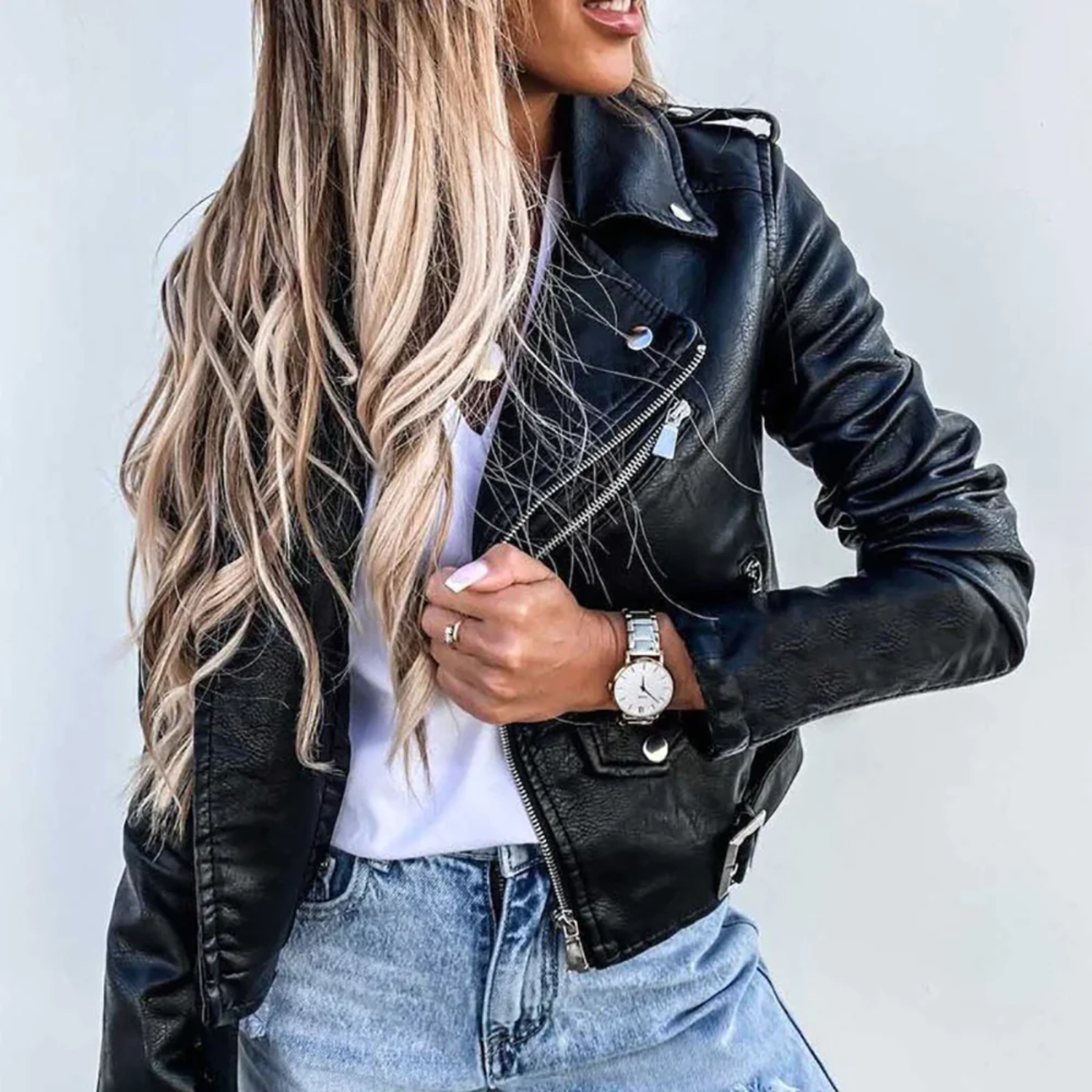 Cayetana | Cazadora Biker de Polipiel Mujer Cinturón Cremallera