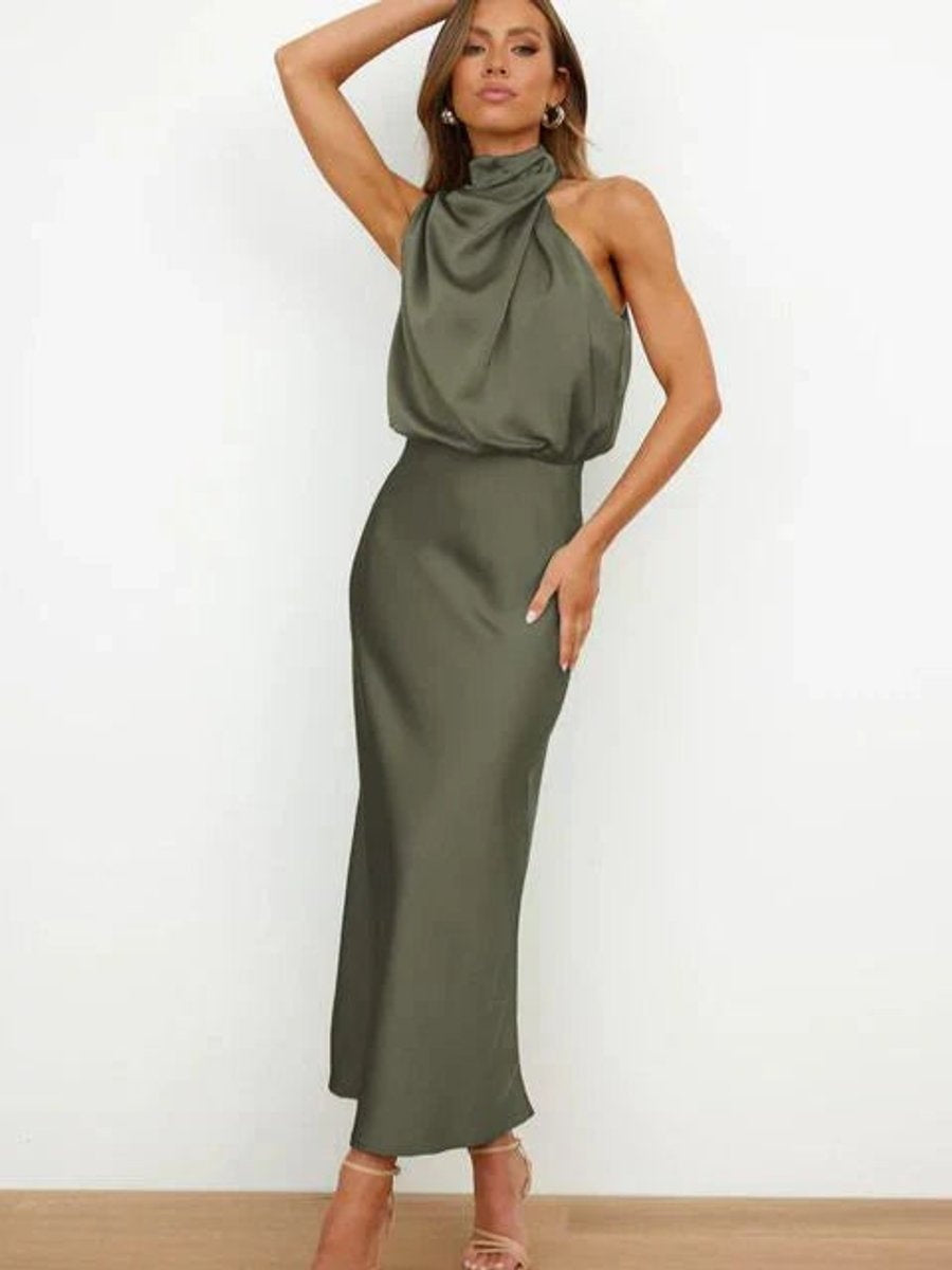 Cayetana | Vestido de Fiesta Largo Satén Mujer Cuello Halter Drapeado