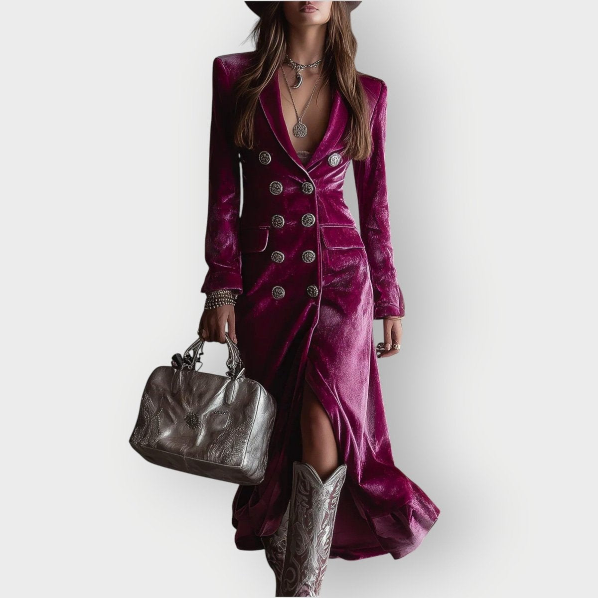 Cayetana | Vestido de Invitada Invierno de Terciopelo Mujer Manga Larga Doble Botonadura