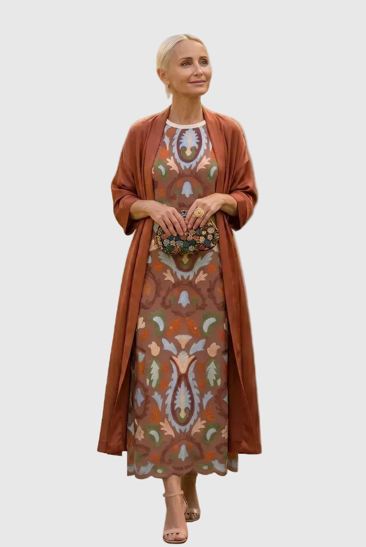 Cayetana | Vestido Invitada Invierno Midi Estampado Mujer con Duster a Juego