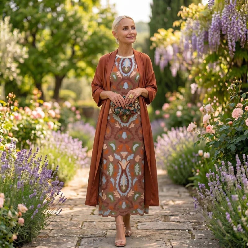 Cayetana | Vestido Invitada Invierno Midi Estampado Mujer con Duster a Juego