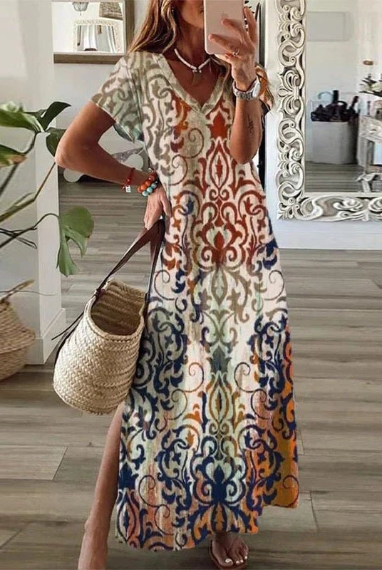 Cayetana | Vestido Largo Boho Mujer Manga Corta Escote V Abertura Lateral