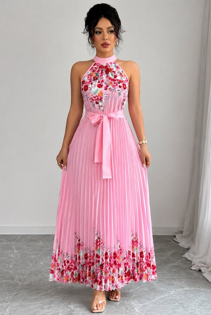 Cayetana | Vestido Largo Plisado Floral Mujer Halter Cinturón