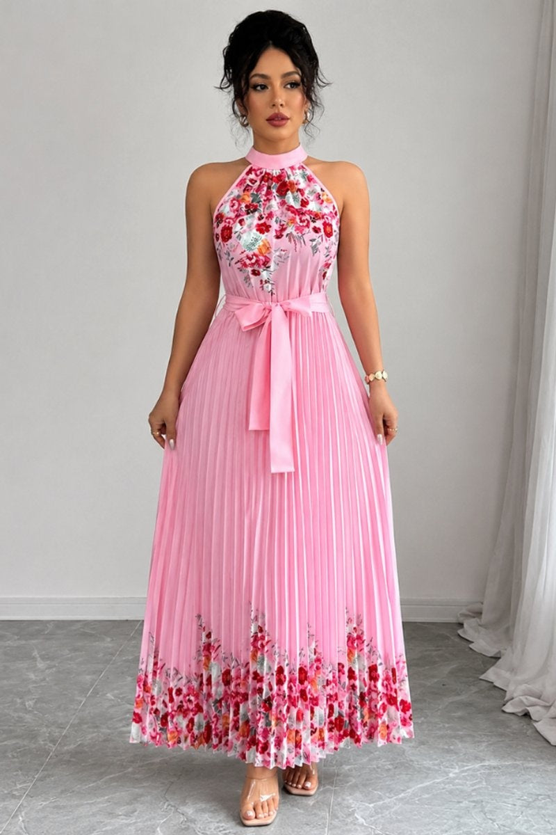 Cayetana | Vestido Largo Plisado Floral Mujer Halter Cinturón