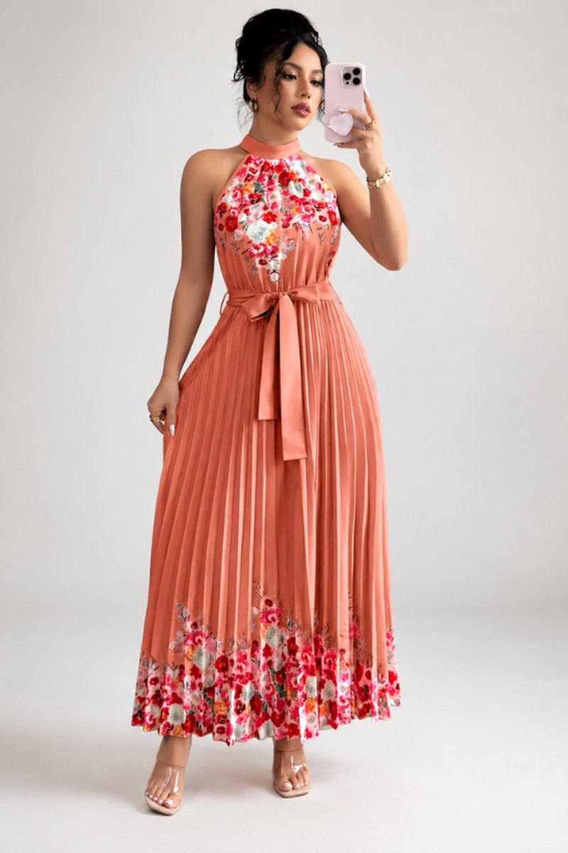 Cayetana | Vestido Largo Plisado Floral Mujer Halter Cinturón