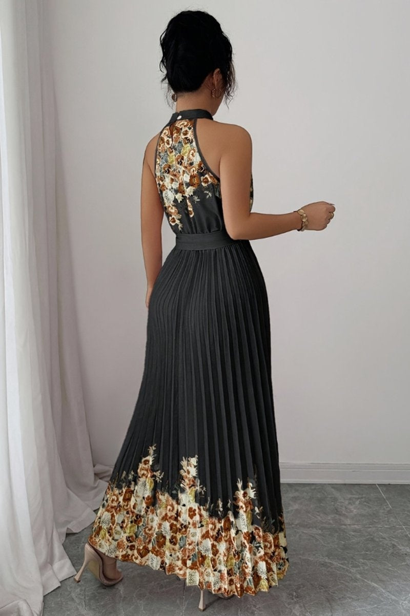 Cayetana | Vestido Largo Plisado Floral Mujer Halter Cinturón