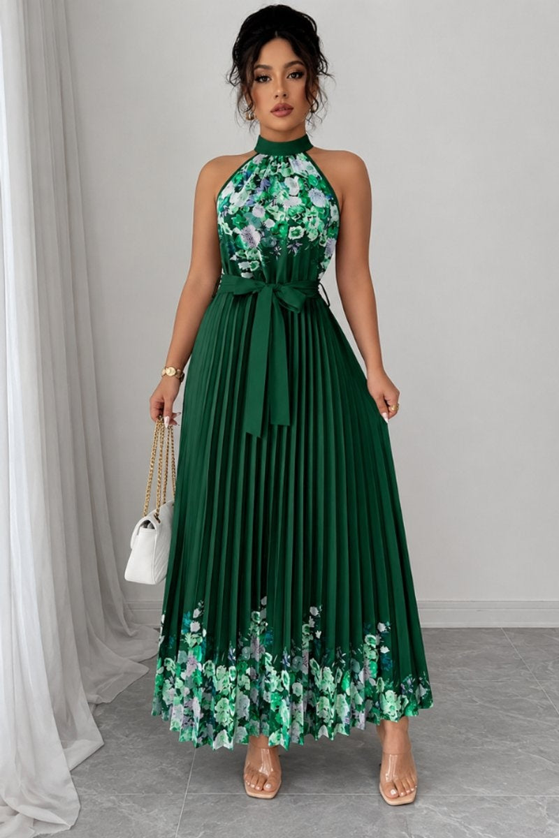 Cayetana | Vestido Largo Plisado Floral Mujer Halter Cinturón