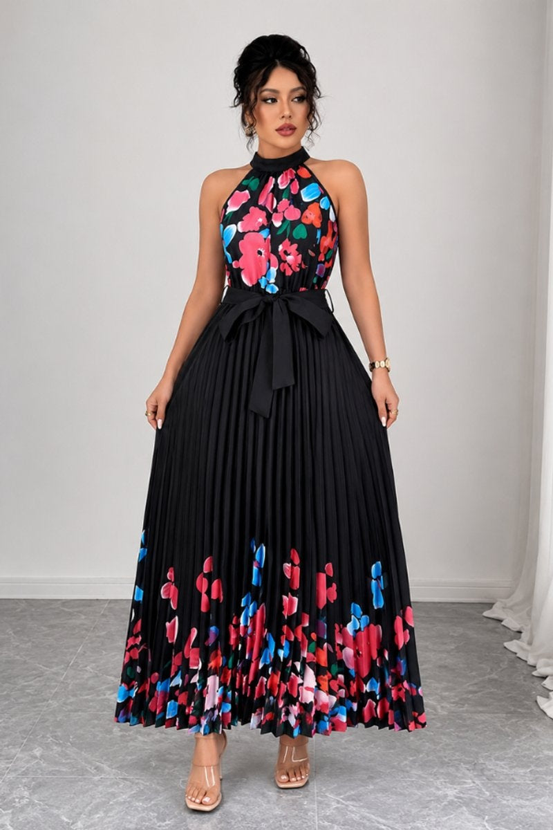 Cayetana | Vestido Largo Plisado Floral Mujer Halter Cinturón