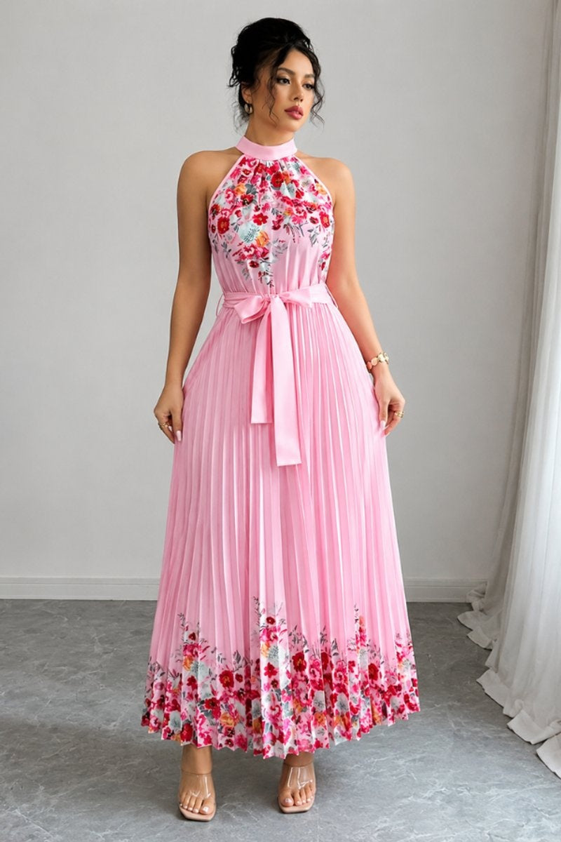 Cayetana | Vestido Largo Plisado Floral Mujer Halter Cinturón