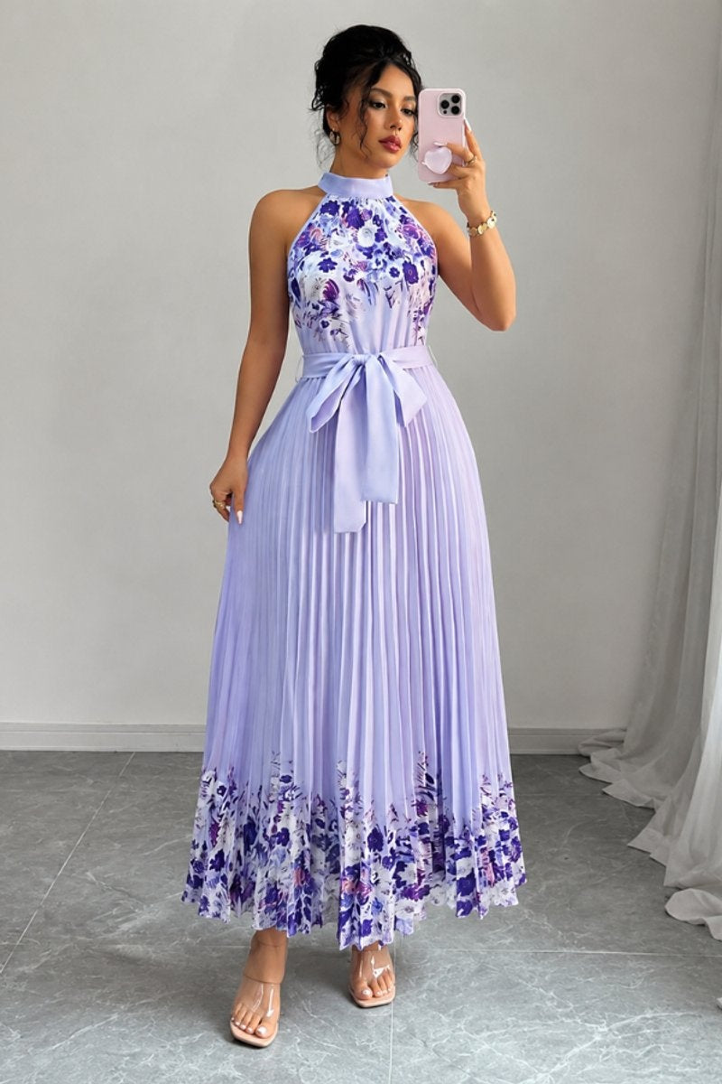 Cayetana | Vestido Largo Plisado Floral Mujer Halter Cinturón