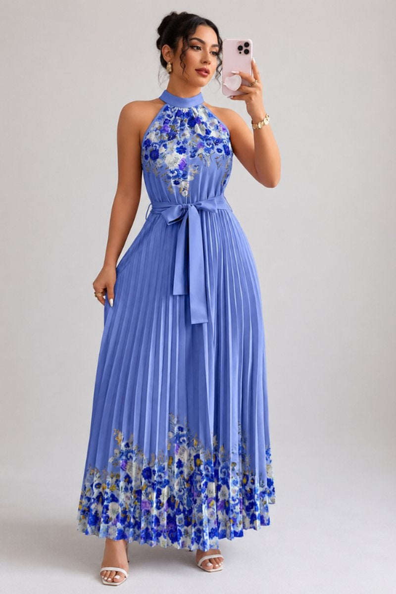 Cayetana | Vestido Largo Plisado Floral Mujer Halter Cinturón