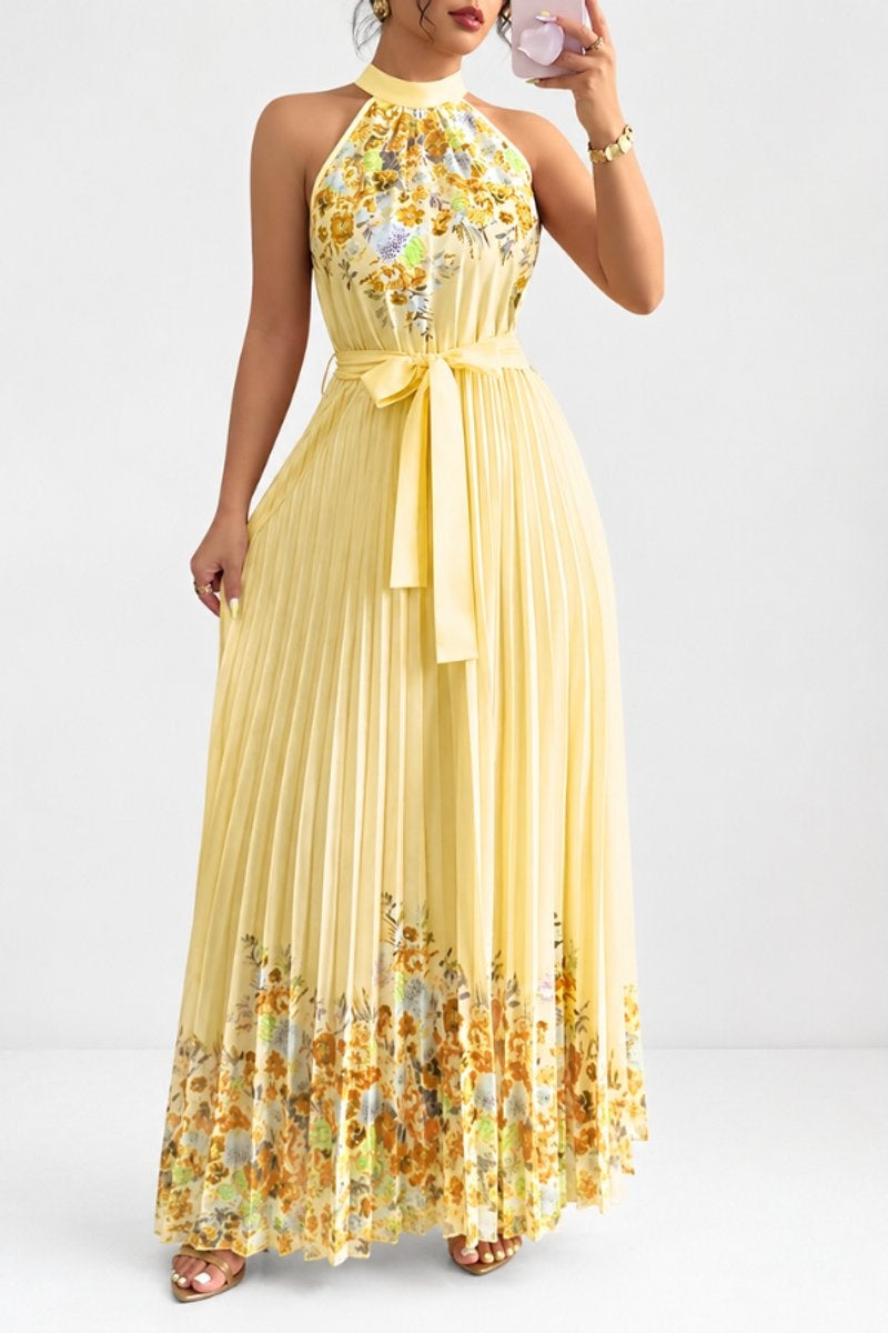 Cayetana | Vestido Largo Plisado Floral Mujer Halter Cinturón