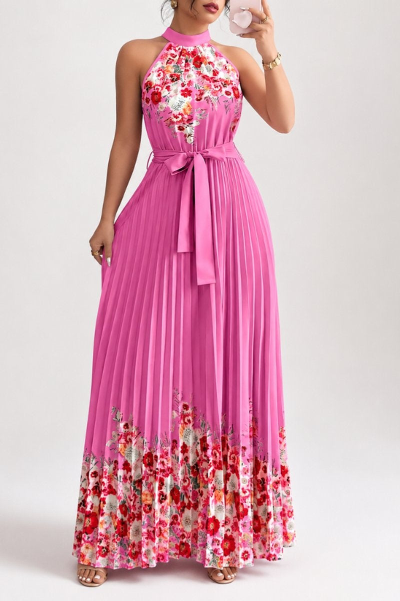 Cayetana | Vestido Largo Plisado Floral Mujer Halter Cinturón