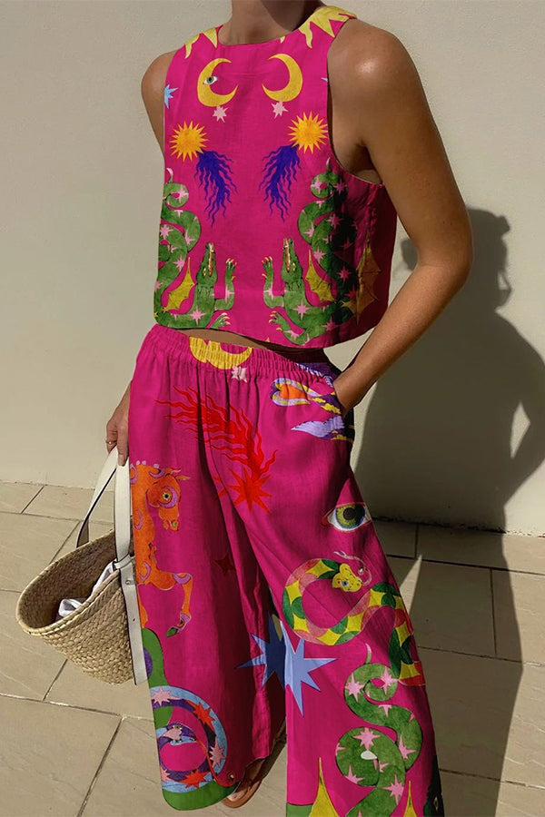Celeste | Conjunto de Lino Top y Pantalón Palazzo Mujer Estampado