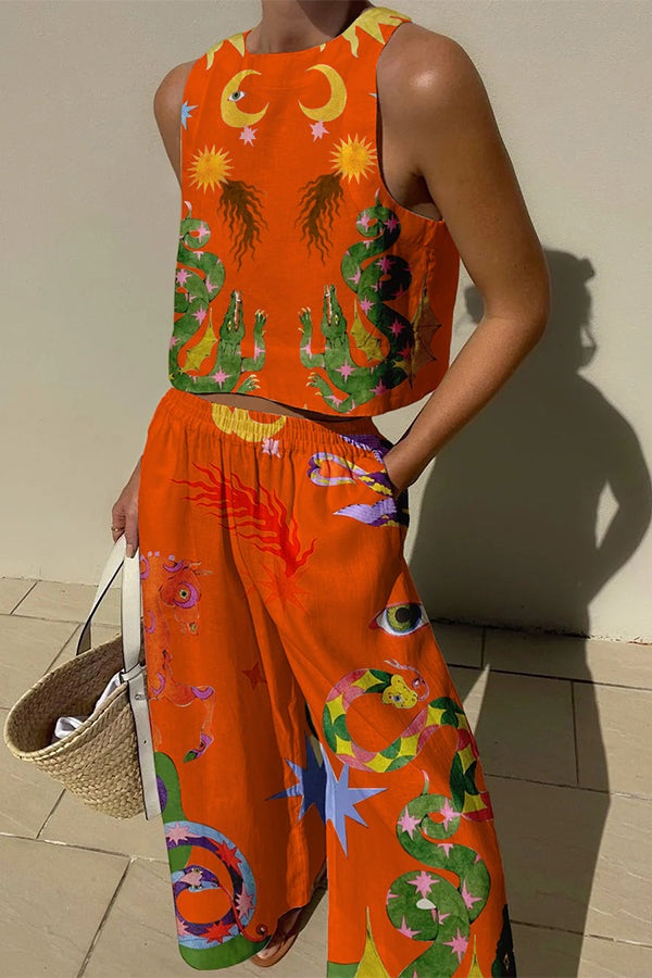 Celeste | Conjunto de Lino Top y Pantalón Palazzo Mujer Estampado