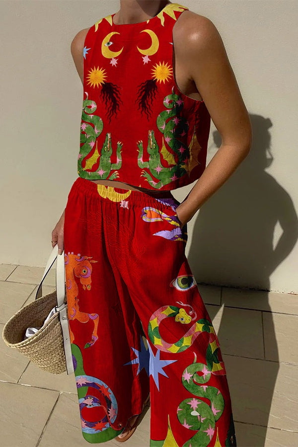 Celeste | Conjunto de Lino Top y Pantalón Palazzo Mujer Estampado