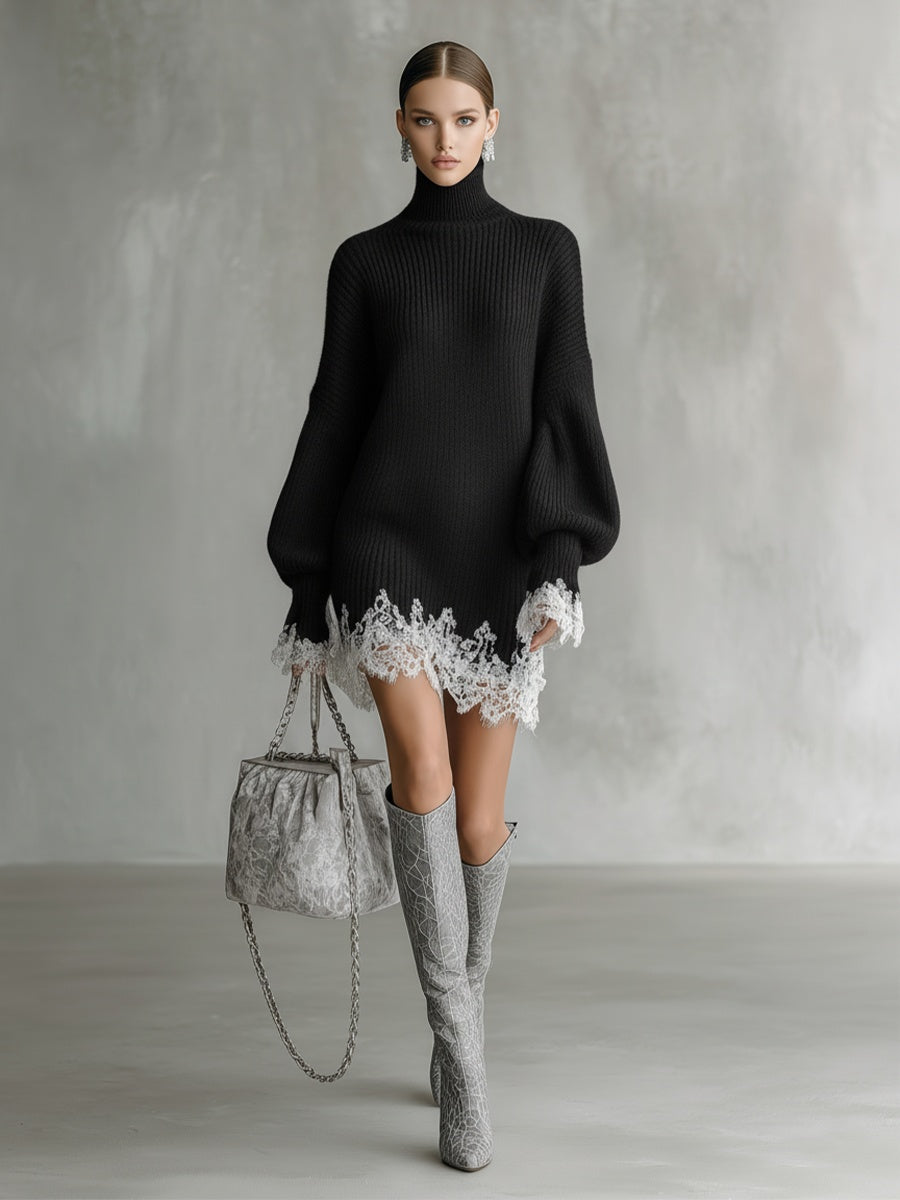 Celeste | Vestido Corto de Punto Cuello Alto Mujer Encaje y Manga Larga