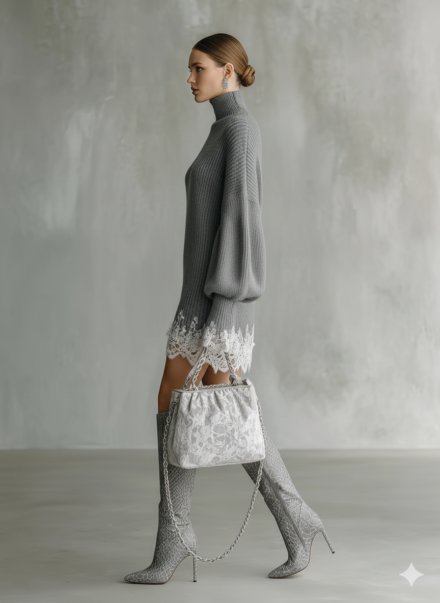 Celeste | Vestido Corto de Punto Cuello Alto Mujer Encaje y Manga Larga
