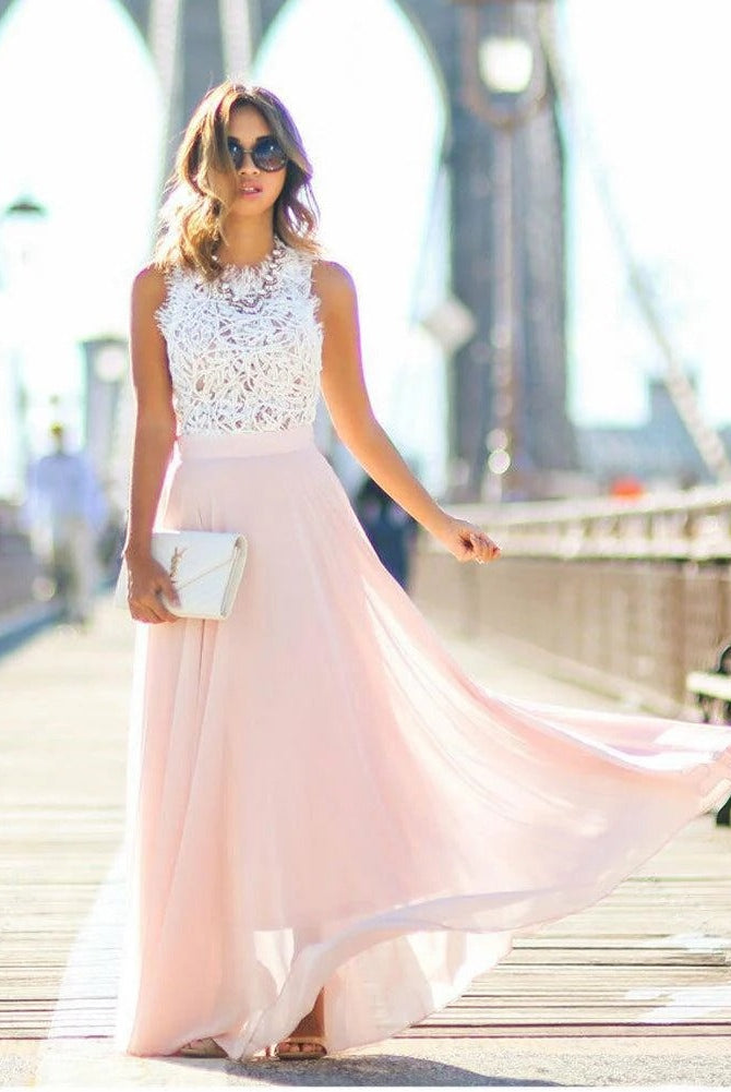 Celeste | Vestido Largo de Encaje con Falda de Gasa Mujer Sin Mangas