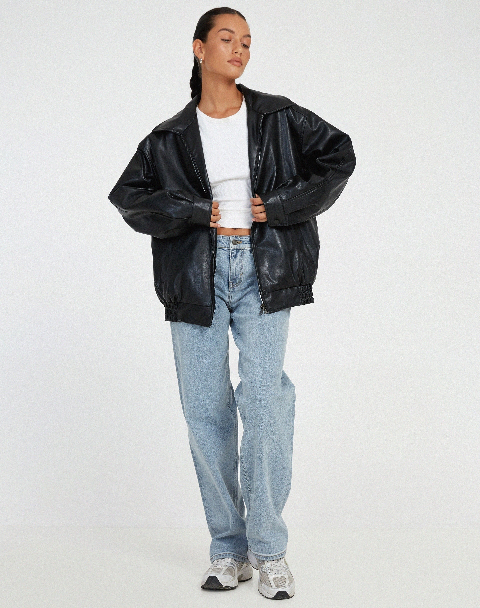 Chaqueta de Polipiel Oversize Mujer Cremallera Cuello Solapa