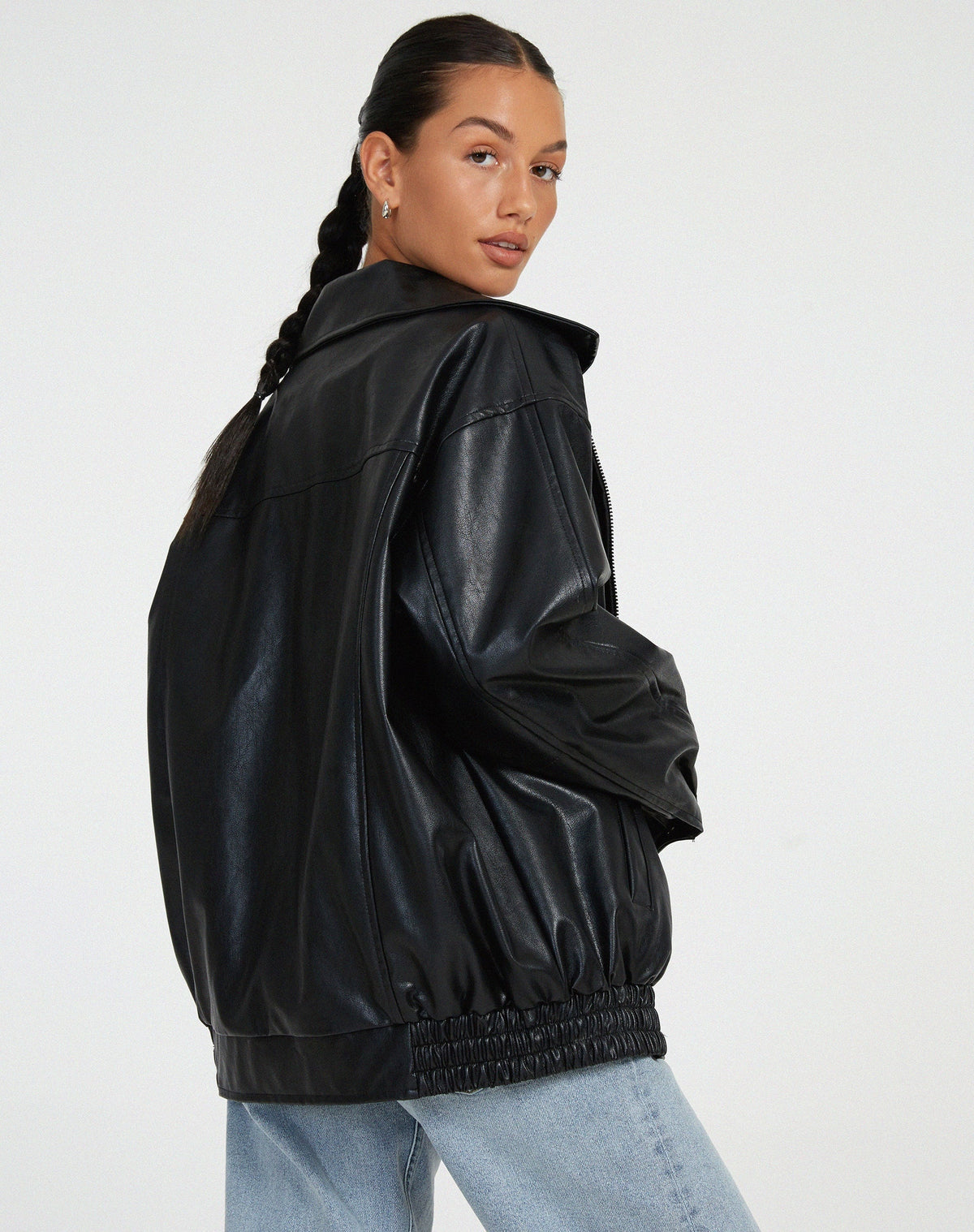 Chaqueta de Polipiel Oversize Mujer Cremallera Cuello Solapa