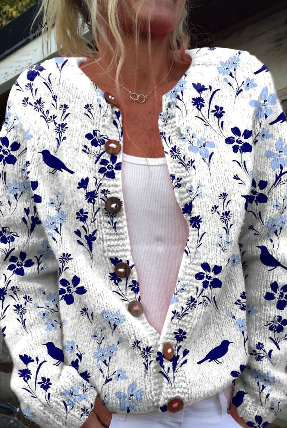 Chaqueta de Punto Estampada Mujer Botones Floral