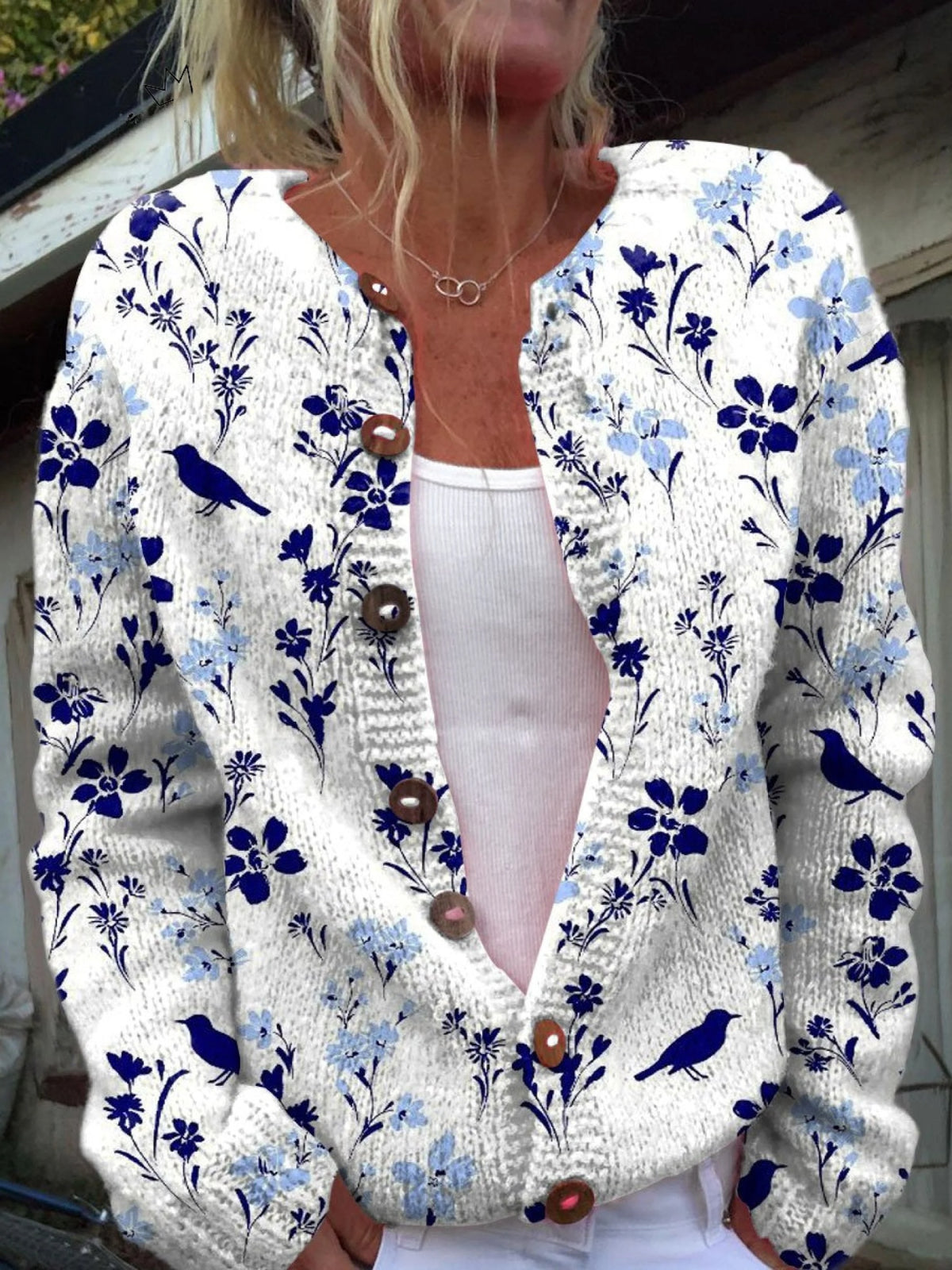 Chaqueta de Punto Estampada Mujer Botones Floral