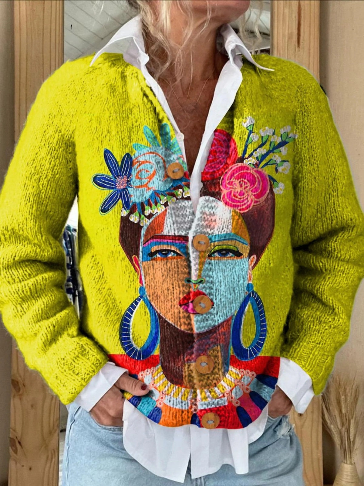 Chaqueta de Punto Estampada Mujer Botones Floral