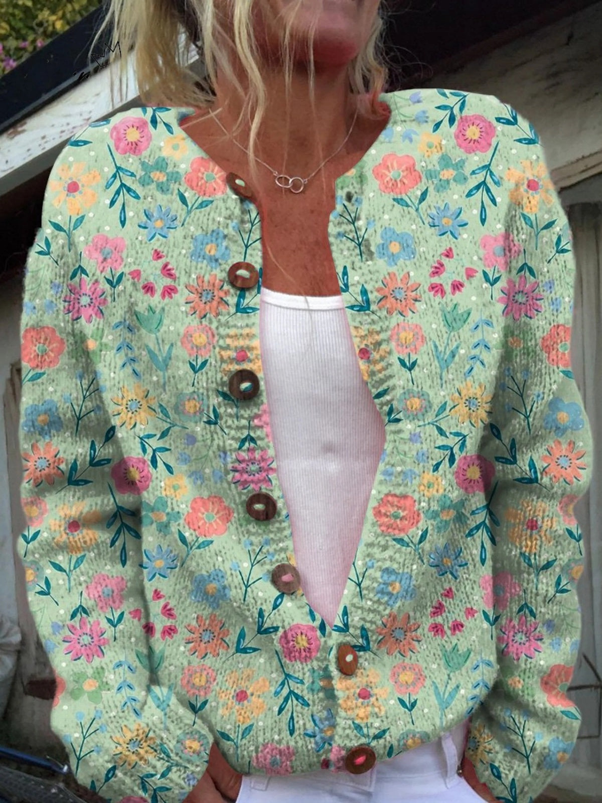 Chaqueta de Punto Estampada Mujer Botones Floral
