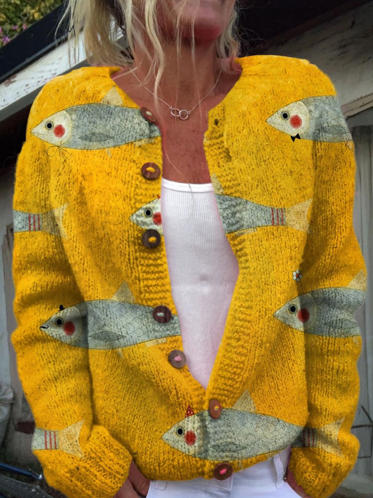 Chaqueta de Punto Estampada Mujer Botones Floral