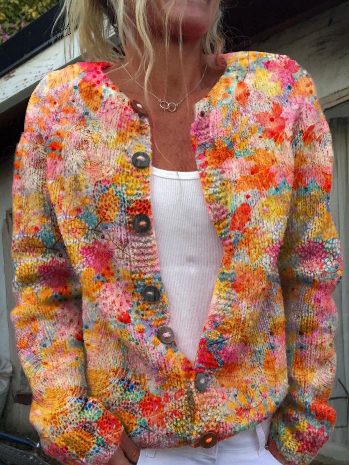 Chaqueta de Punto Estampada Mujer Botones Floral