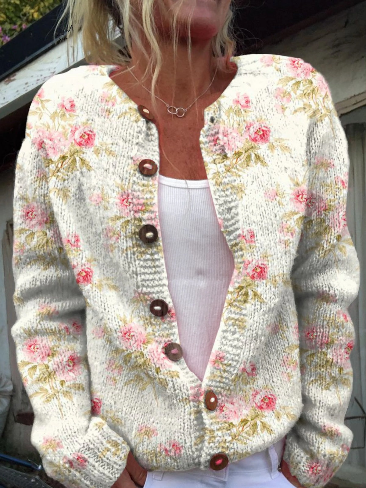 Chaqueta de Punto Estampada Mujer Botones Floral